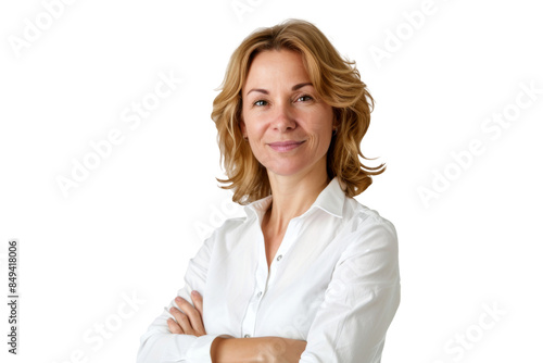 Portrait of executive woman with short hair wear white suit looking at camera isolated on transparent background.