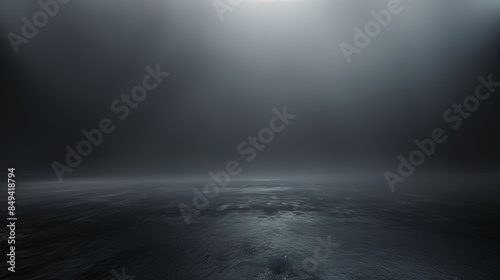 Black background with a spotlight, simple, dark grey floor, high resolution, high quality, high contrast, wide angle lens, depth of field, gradient, soft light, foggy, atmospheric perspective, and a s