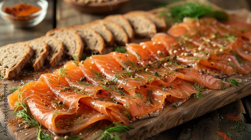 Swedish gravlax, thinly sliced cured salmon with mustard dill sauce, served on a wooden board with slices of rye bread and a garnish of fresh dill