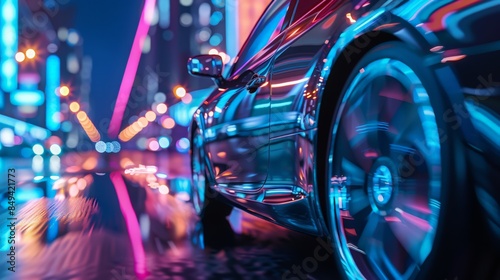 Visualize a car driving through a cityscape at night, with vibrant lights reflecting off its surface.