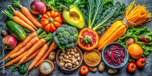 A vibrant and fresh assortment of Vitamin A rich foods including carrots, sweet potatoes, spinach, kale