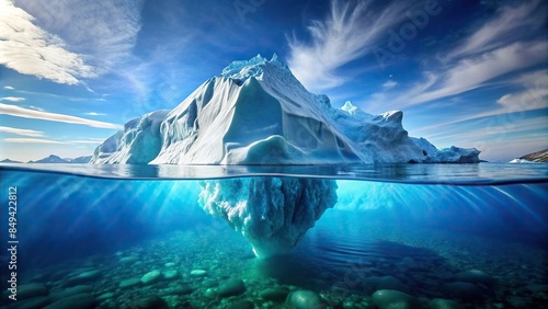 A majestic iceberg partially submerged in the clear blue water, iceberg, ocean, water, cold, nature, majestic