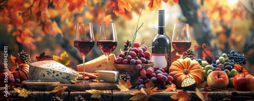 Autumn wine and cheese pairing event, connoisseurs and gourmet delights, 4K hyperrealistic photo.