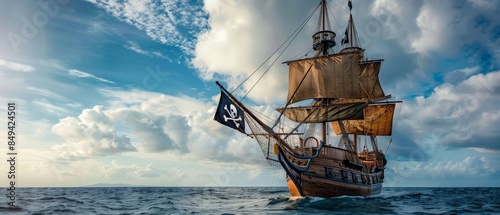 A pirate ship sailing the Caribbean Sea during the golden age, with the flag billowing, as swashbuckling buccaneers prepare for a treasure hunt, embodying the adventure and legend 