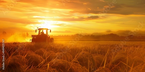 Sunset Tractor Farming in Rice Fields A Modern Approach. Concept Sunset, Tractor, Farming, Rice Fields, Modern Approach