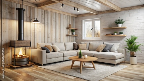 Scandinavian inspired basement lounge with cozy sectional sofa, wood stove, and neutral color palette