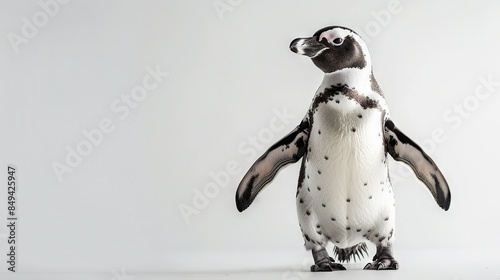  A penguin standing on hind legs against white background, black facial spot present