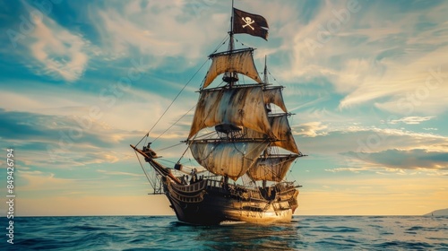 A pirate ship sailing the Caribbean Sea during the golden age, with the flag billowing, as swashbuckling buccaneers prepare for a treasure hunt, embodying the adventure and legend 