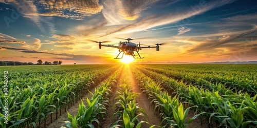 Agriculture drone spraying fertilizer on green corn fields at sunrise, smart farm, drone technology