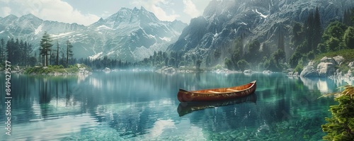 Crystal-clear mountain lake with a canoe gliding across its calm surface, 4K hyperrealistic photo