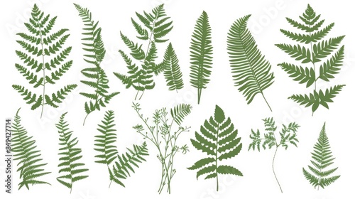 Various species of ferns with distinctive leaves