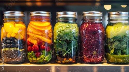 Colorful smoothie jars with layers of fruits, greens, and chia seeds, neatly arranged on a kitchen shelf, fresh and vibrant setting, high-resolution food photography, natural lighting 