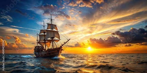 Pirate ship sailing on a sun-kissed ocean, with the wind in its sails and adventure on the horizon, Pirate ship, adventure