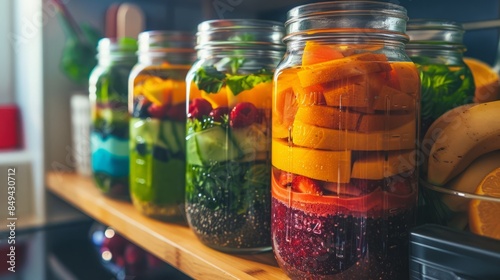 Colorful smoothie jars with layers of fruits, greens, and chia seeds, neatly arranged on a kitchen shelf, fresh and vibrant setting, high-resolution food photography, natural lighting 
