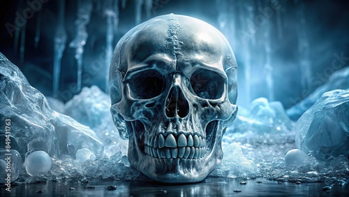 Chilling ice skull with intricate details, ice, frozen, skull, chilling, cold, spooky, Halloween, frozen, death, frost, sculpture