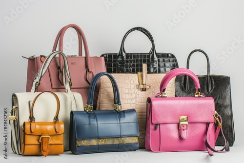 A collection of women's handbags arranged side by side, great for editorial or commercial use