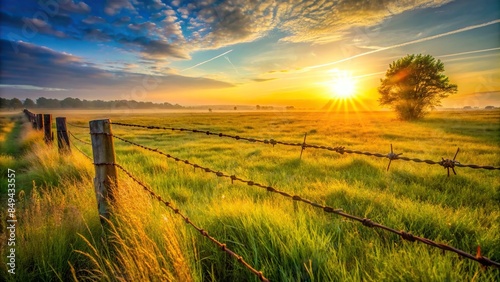 Sunrise behind a wooden barbed wire fence over natural grassland at golden hour , protection, security, boundary