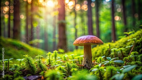 Mushroom surrounded by green foliage in a lush forest , nature, fungus, woodland, organic, plant, growth, forest floor