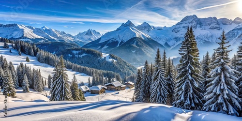Snow-covered Swiss mountains in winter, with pine trees and a ski resort in the foreground, Switzerland, Alps, winter