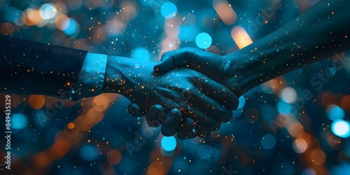 The Digital Handshake Fostering Trust and Partnership in the Technology Business Through Blue Colors. Concept Technology Business, Trust Building, Digital Handshake, Blue Colors, Partnership Building