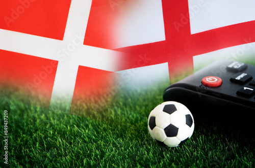 football match , Denmark vs England , Football Nation Flag and soccer ball on green grass
