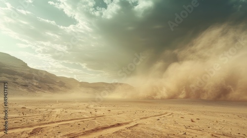wide angle landscape of a desert wasteland with a dusty sandstorm going on