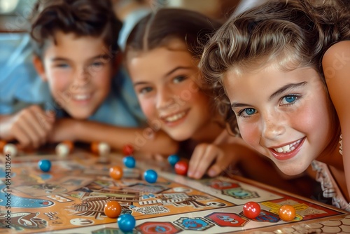 Three children are playing a board game