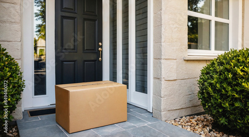 Large Cardboard Box Delivered to the Doorstep of a Modern House