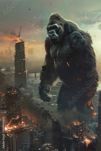 Giant gorilla destroying a city with skyscrapers burning in the background