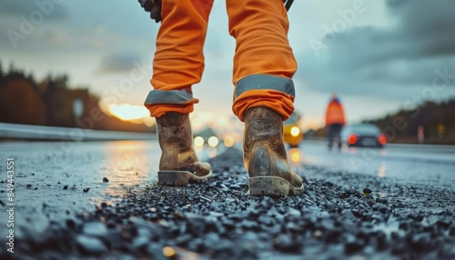 A seasoned road construction engineer,firmly secured, meticulously inspects the progress of expressway construction site, carefully traversing the terrain on foot to assess the quality and adherence 