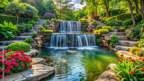 Peaceful memorial garden with a cascading waterfall , serene, tranquil, remembrance, reflection, nature, serene, peaceful