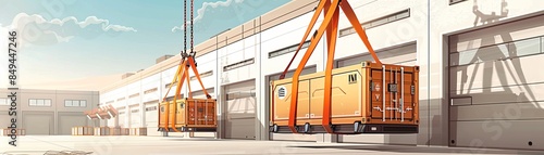 Crane lifting a heavy industrial unit on a bright sunny day, detailed view of the yellow straps and the secure attachment to the crane hook, modern facility in the background, Photorealistic, Highdeta