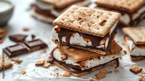 Gooey s'mores with melted marshmallow and chocolate sandwiched between crispy graham crackers, capturing a delicious and indulgent treat.