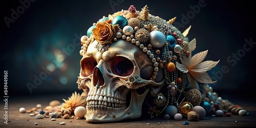 Skull of Majesty adorned with cut stones and sea treasures , magic, sight, skull, majesty, cut stones, sea treasures