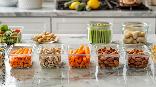 Nutritious snack prep with cut fruits, nuts, and veggie sticks in separate containers, lined up on a marble kitchen counter, inviting and bright feel, high-quality food photography, soft natural light