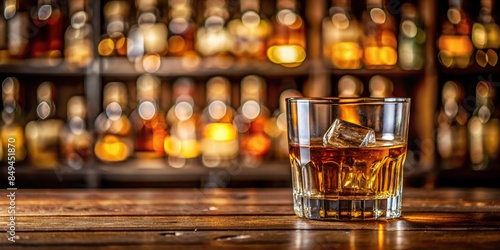 Close-up of a whiskey glass with a full pour of whiskey, sitting on a wooden bar counter, whiskey, drink, alcohol, glass, bar