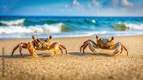 Two crabs playing on sandy beach , crabs, sea creatures, beach, sand, ocean, wildlife, nature, marine animals, shore