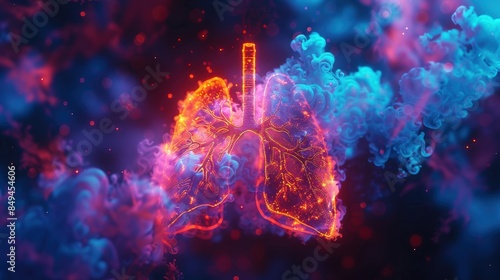 Digital illustration highlighting the anatomy of human lungs in vibrant colors, showcasing respiratory health and medical science concepts.