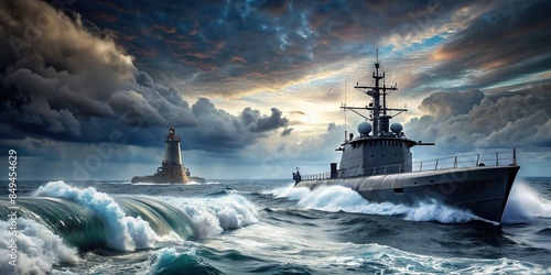 Submarine being chased by destroyer in rough seas, submarine, destroyer, chase, naval, warfare, ocean, sea, underwater
