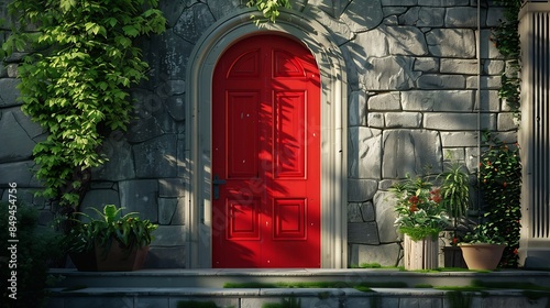 A vibrant red front door is framed by the timeless charm of traditional architecture and surrounded by the regions quintessential charm : Generative AI