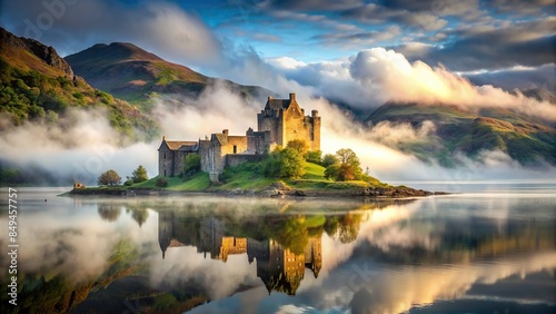 Majestic stone fortress emerging from misty Scottish loch, surrounded by legends of battles past, castle, fortress, Scottish
