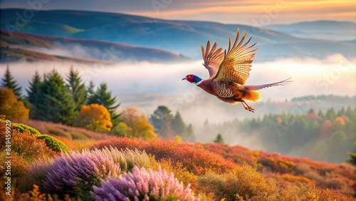 Pheasant taking flight in the autumn morning mist over hills and heather in Scotland , pheasant, flight, autumn, morning mist