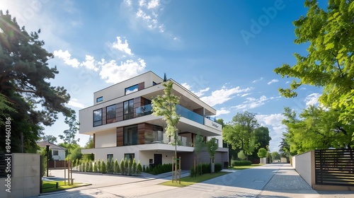 Contemporary multistorey house exterior against trees with pavement under blue sky : Generative AI