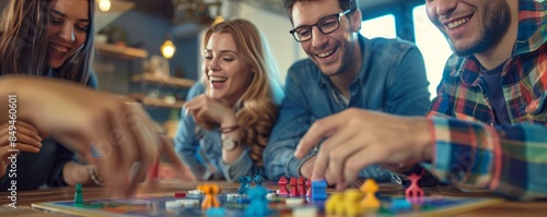 Friends playing board games for National Kentucky Day, October 19th, celebrating with games and laughter, 4K hyperrealistic photo.