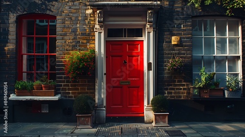 A vibrant red front door is framed by the timeless charm of traditional architecture and surrounded by the regions quintessential charm : Generative AI