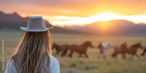 Woman being chased by wild horses at dusk in a prairie landscape. Concept Wild Horses, Prairie Landscape, Chasing, Woman, Dusk
