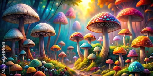 A vibrant painting featuring a variety of mushrooms , nature, fungi, colorful, art, botanical, forest, painting, mycology