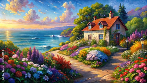 Colorful oil painting of a house near the sea with vibrant flowers, capturing a serene summer seascape, oil painting, house