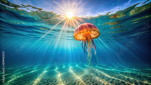 A mesmerizing jellyfish swimming in clear blue waters, reflecting sunlight, jellyfish, clear blue waters, glistening