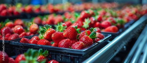 Closeup of ripe strawberries in black crates being transported on a conveyor line, focus on the lush red color and the texture of the strawberries, modern and welllit processing area, Photorealistic, 